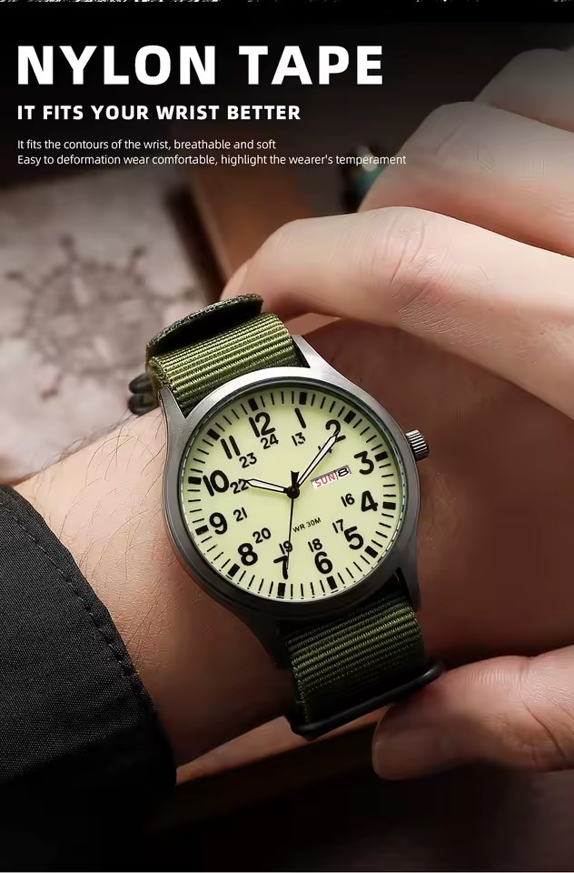 TPW Field Watch, Easy Read Fabric Nylon Strap, 24 Hour Display, Quartz Movement