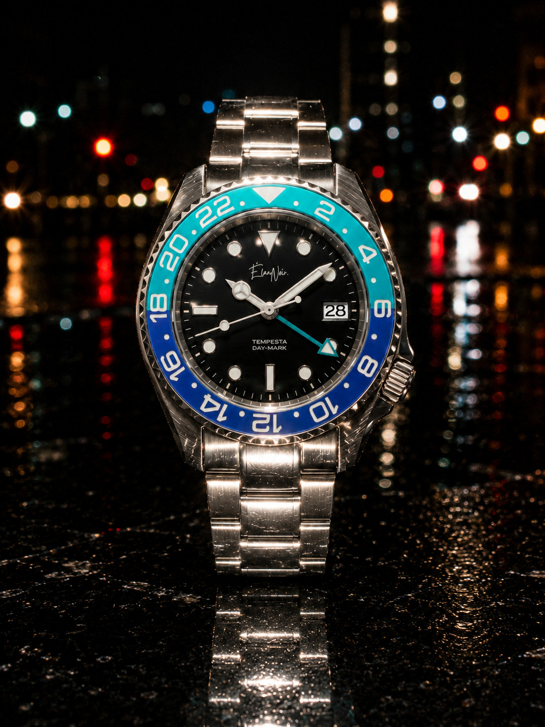 Élan Noir Tempesta Exhibition GMT Watch 41mm Steel Silver, Black & Blue NH35