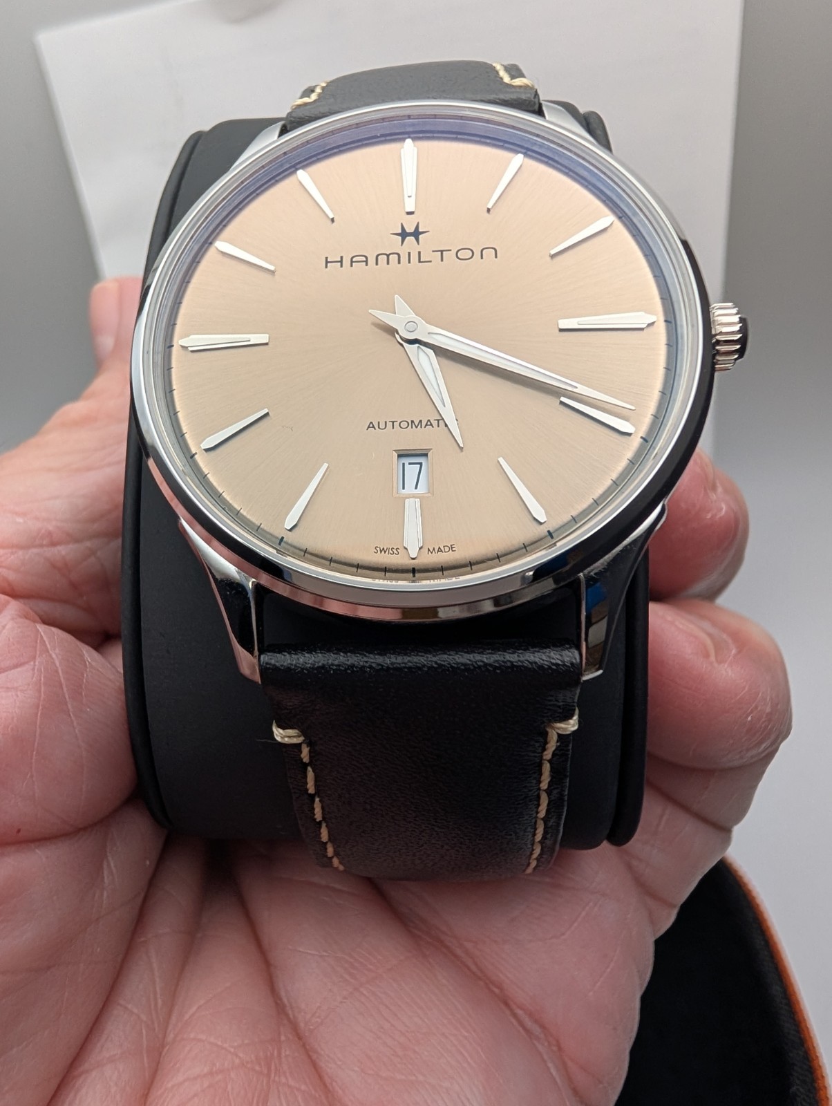 Hamilton Jazzmaster Beige Swiss Automatic Watch w/ Black Leather Strap – H385250