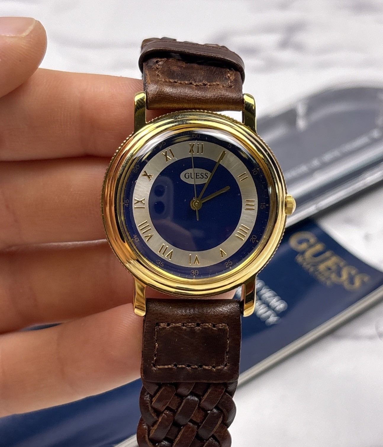 NEW Vintage Guess watch gold Blue face & brown logo band in original box 1993