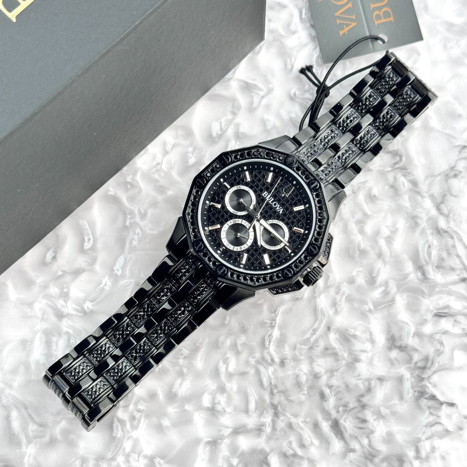 Bulova Octava Crystal Black Pave Dial Stainless Steel Quartz Men’s Watch 98C134