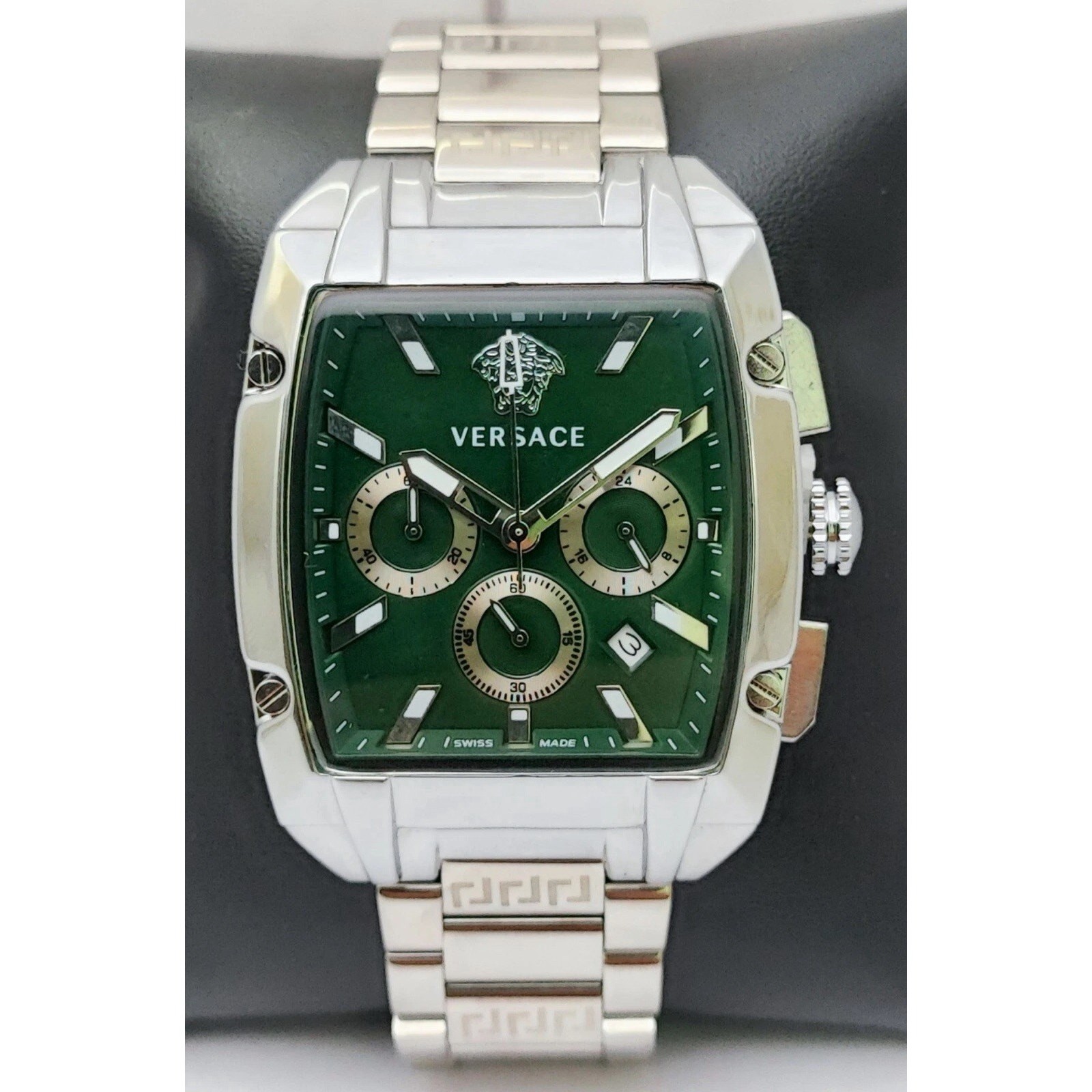 Versace Luxury Chronograph Men Green Dial Stainless Steel Band Quartz Wristwatch