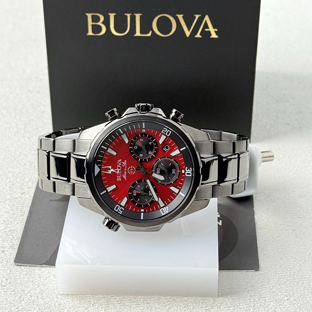 Bulova Men’s Marine Star Chronograph Red Dial Stainless Quartz Watch 98B350