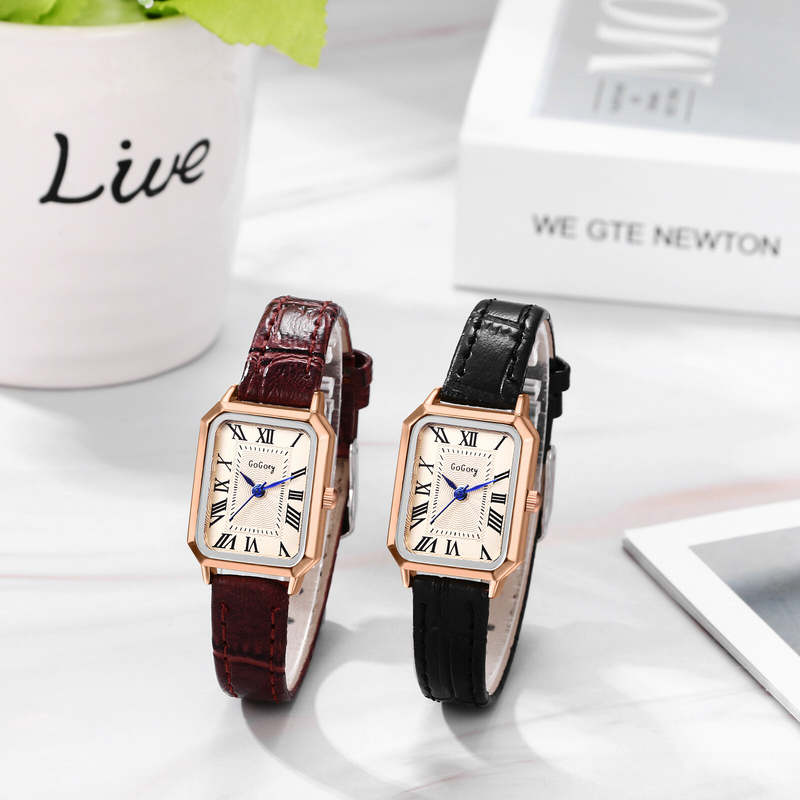 Women’s Classic Retro Rectangle Dial Roman Numerals Leather Quartz Wrist Watch