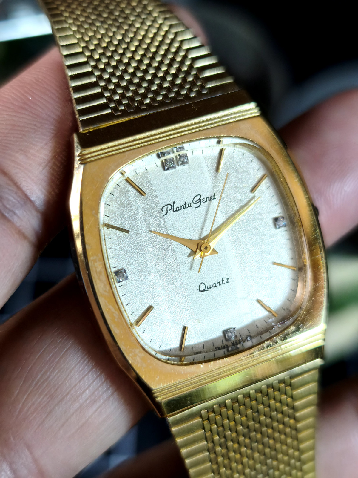 PLANTA GENET QUARTZ DRESS WATCH PG124 SWISS MOVEMENT CABOCHON CROWN MESH BAND