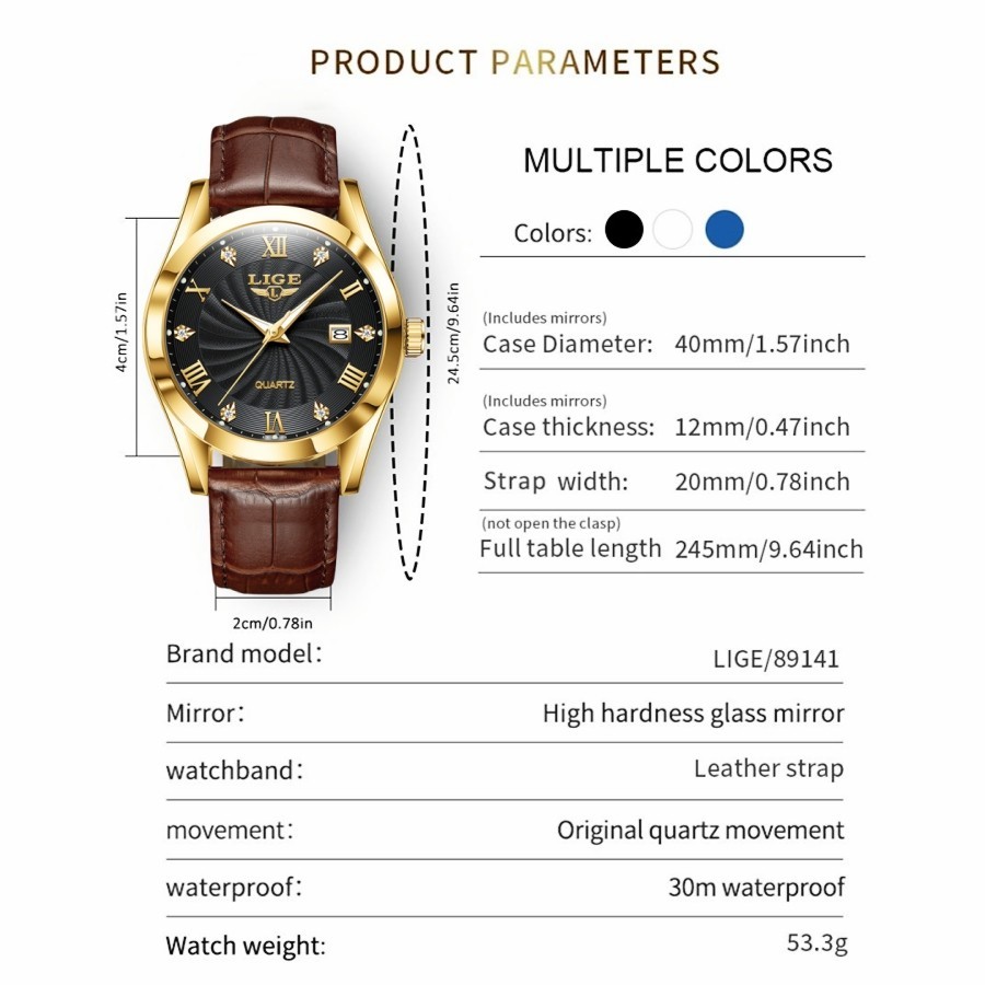 LIGE Men’s Watch Leather Watches Waterproof Luminous Quartz Date Man Wristwatch