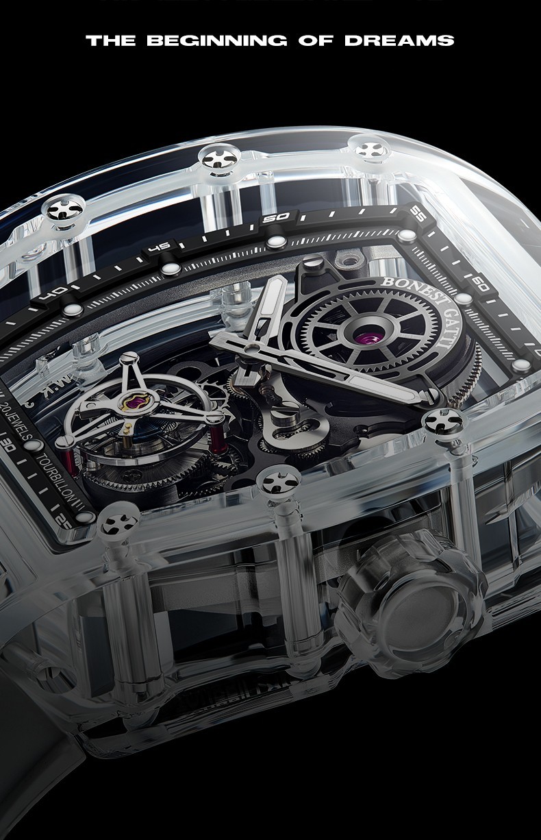 BONEST GATTI Men Tourbillon Watch Tonneau Automatic Mechanical Acrylic Case