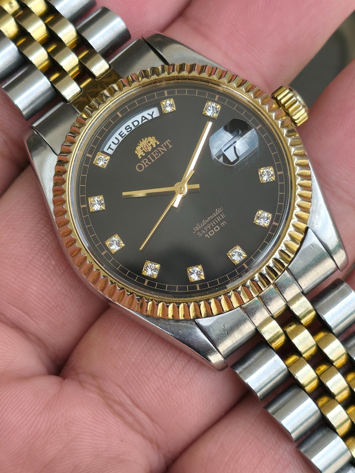 Rare Orient President Day Date Automatic, Black dial, diamond indices, two tone