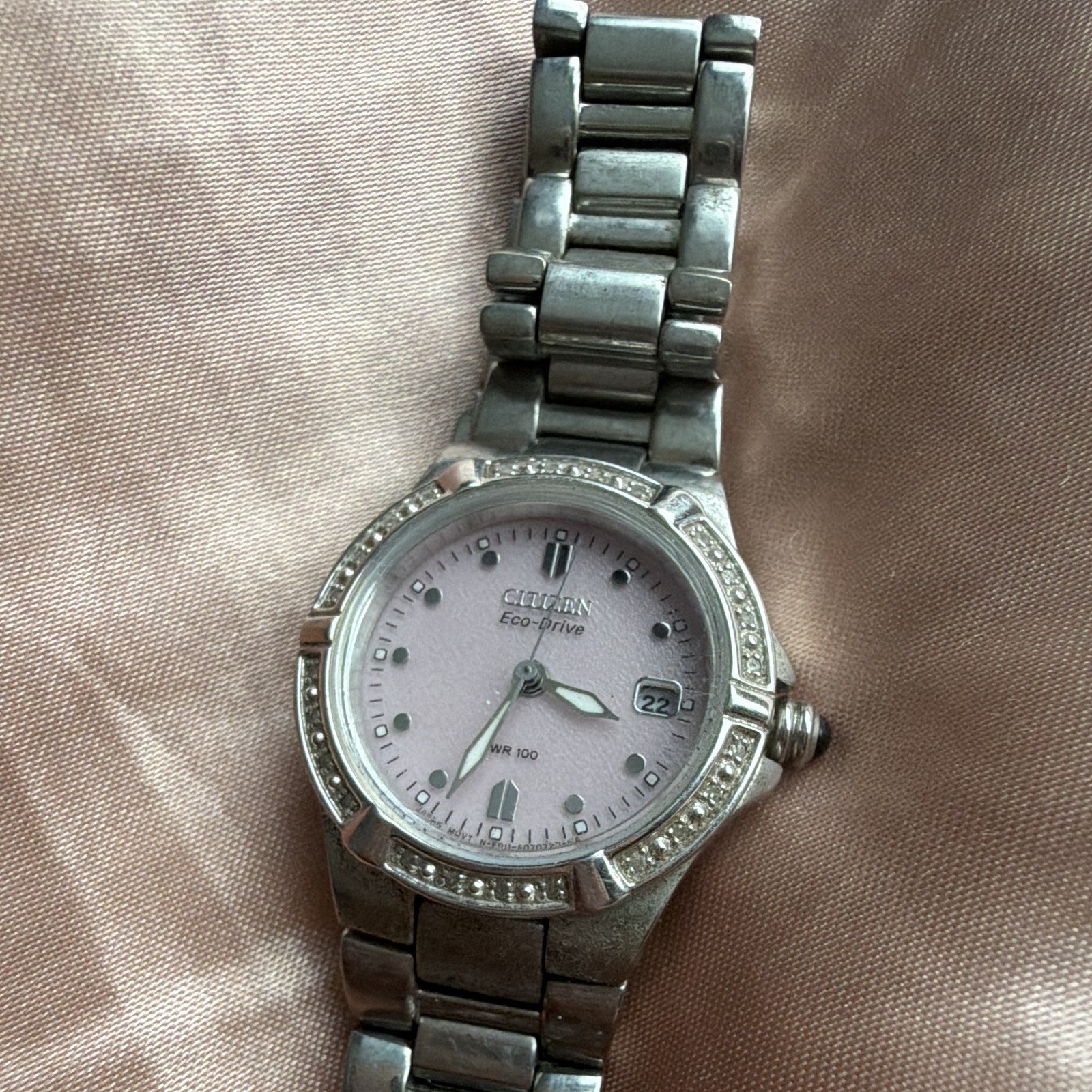 Citizen Eco-Drive Women’s Pink Dial Date Silver SS diamond Bracelet Watch WR100