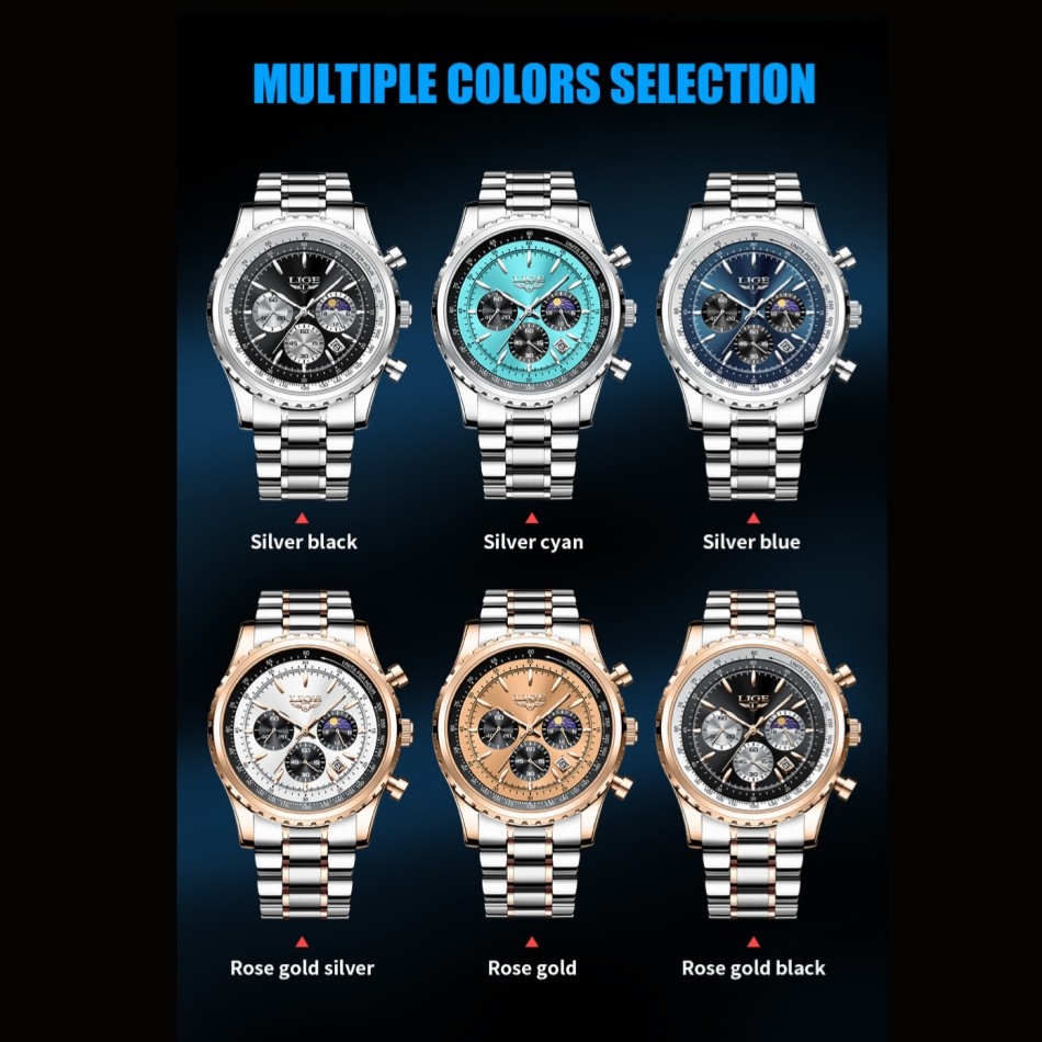 LIGE Men Watch Quartz Date Luminous Chronograph Waterproof Stainless Steel Watch