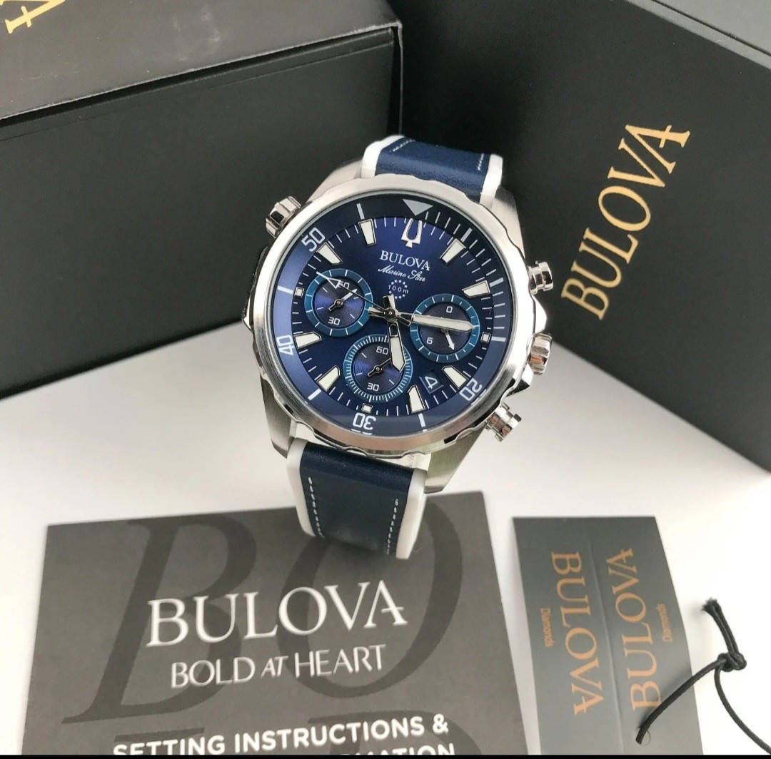 Bulova Men’s Marine Star 96b287 Chronograph Silicone Strap Blue Dial Watch 43mm