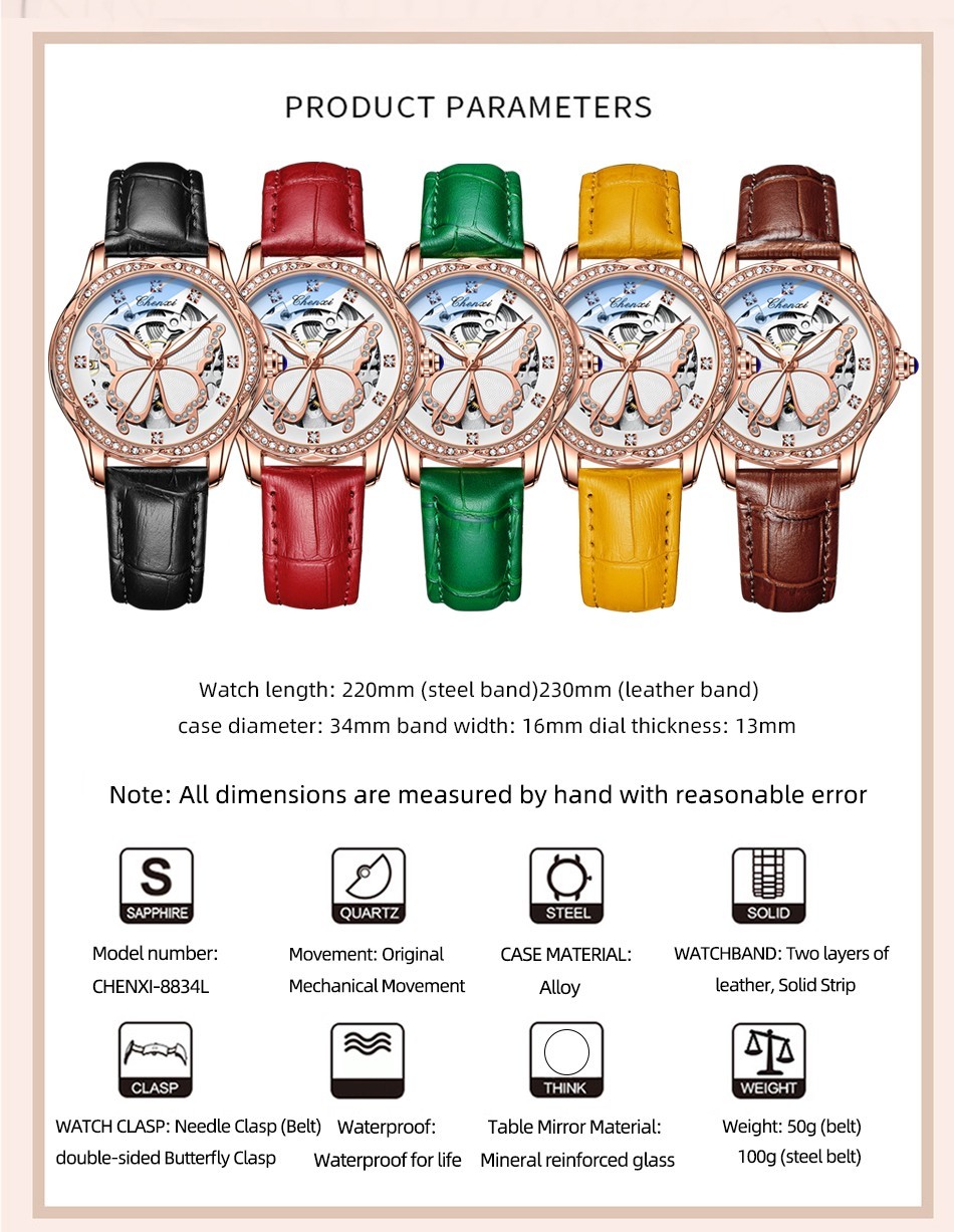CHENXI Women’s Butterfly Dial Hollow Out Zircon Automatic Mechanical Wristwatch