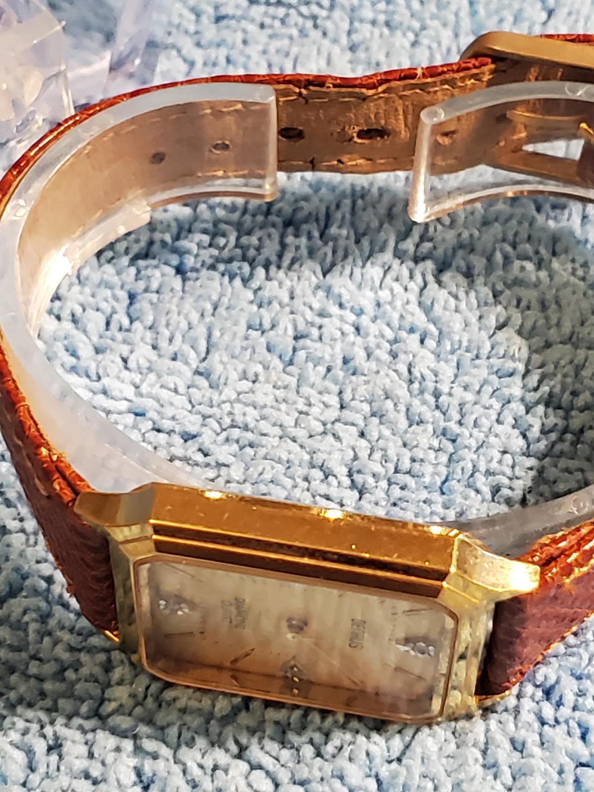 Vtg Benrus Tank Watch 26mm Gold Tone Diamonds at 12,3,6 and 9