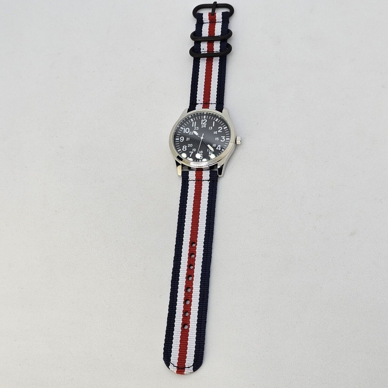 Men’s Field Military Watch 42MM Black Dial Blue White Red Canvas Band Straps