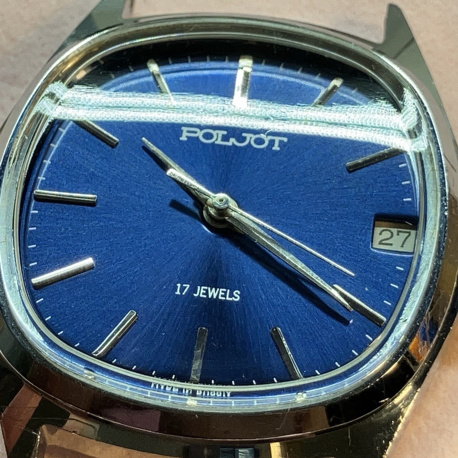Poljot 17J Cushion Watch With Date – Russian Soviet Watch Manual Wind ~Engraved~