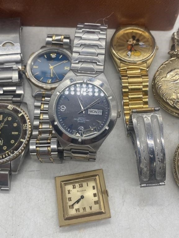 Vintage grouping of 13 wrist and pocket watches plus box, none tested, need TLC