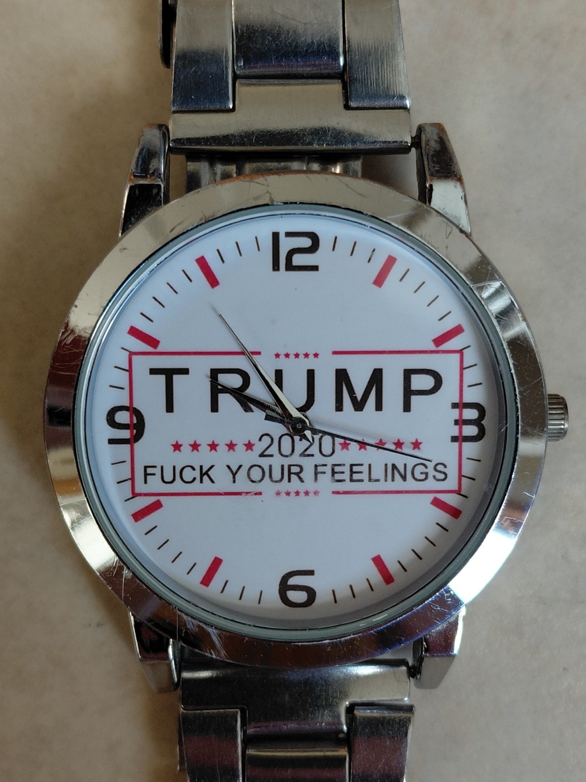 Trump 2020 Unisex Analog Quartz Watch White Logo Dial Silver Metal Bracelet