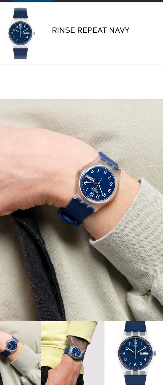 Swatch “RINSE REPEAT NAVY” analog blue/clear biobased plastic dated watch