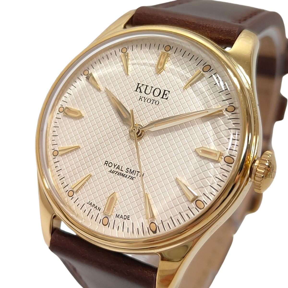 KUOE Kyoto Royal Smith 90-006 Ivory Waffle Dial Watch New Brown Leather Band JP