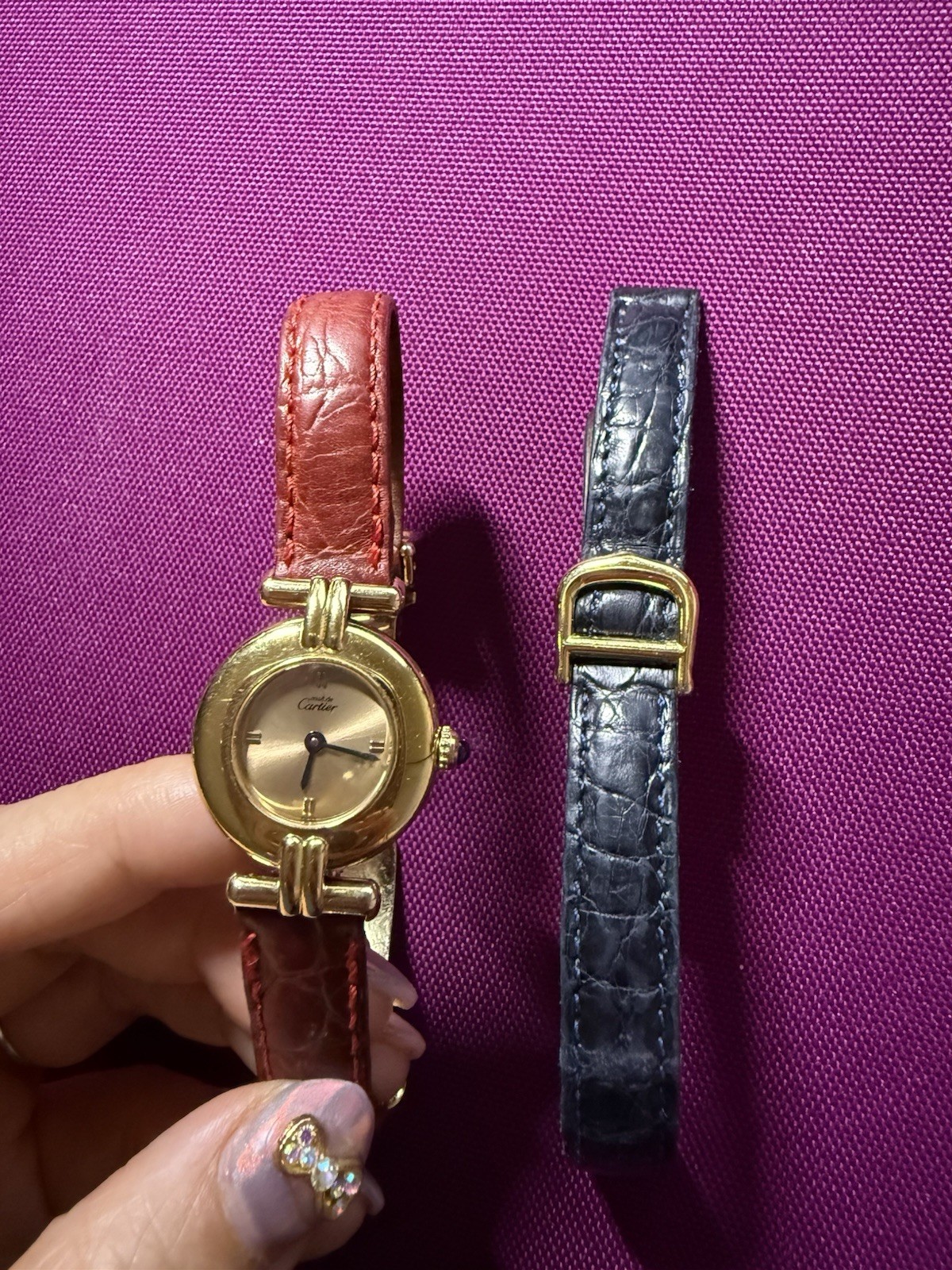 Vintage Must De Cartier Ladies Watch -Gold Tone Red Leather Strap+Black Strap
