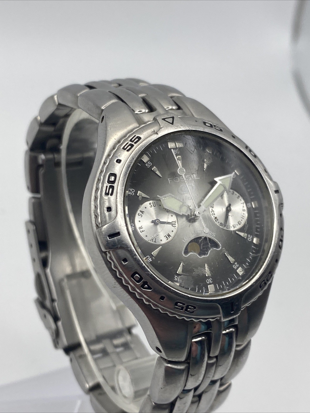 FOSSIL Blue BQ-9142 Moon Phase Steel Quartz Women’s Watch Sz. 6.5″ New Battery