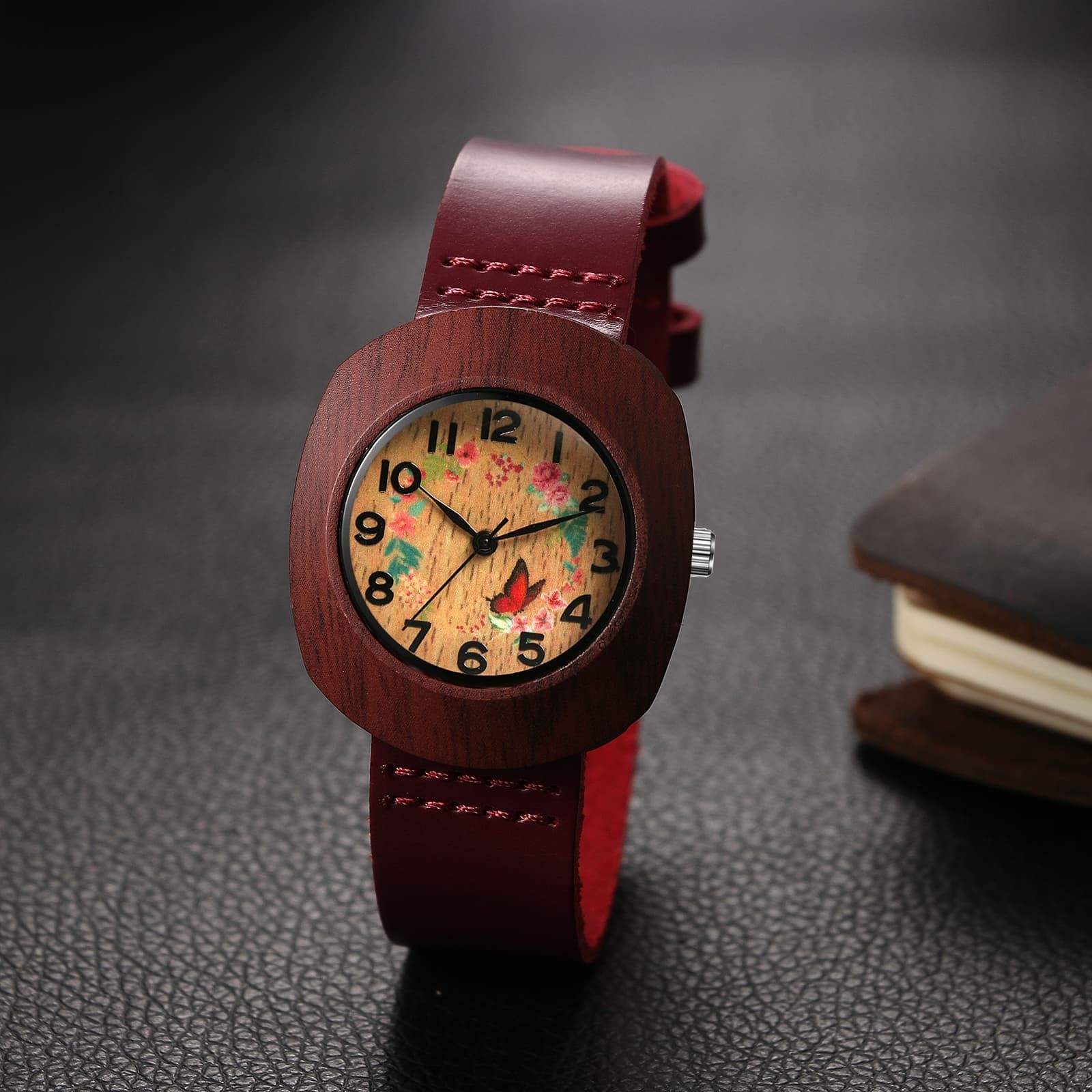 Women’s Floral Barrel Case Arabic Numeral Dial Genuine Leather Band Wrist Watch