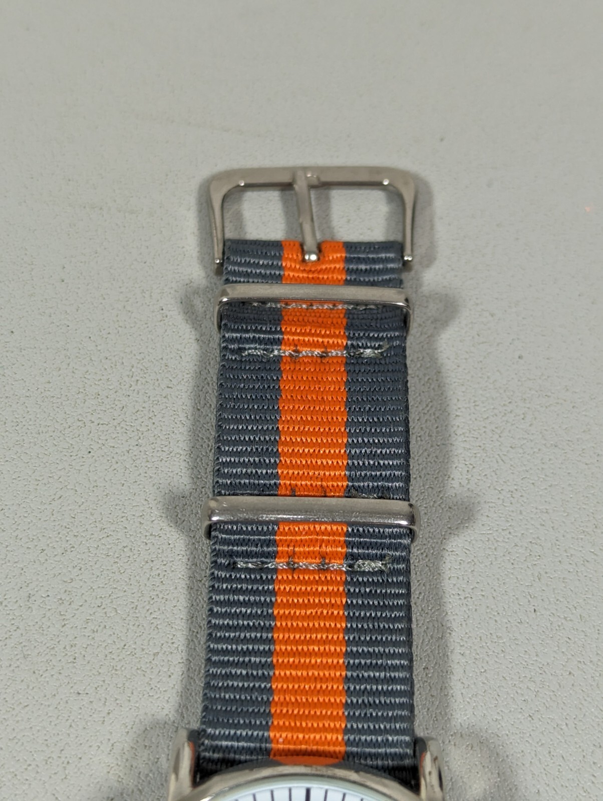 Unisex White Dial Round Silver Tone Case Gray Orange Canvas Band Watch