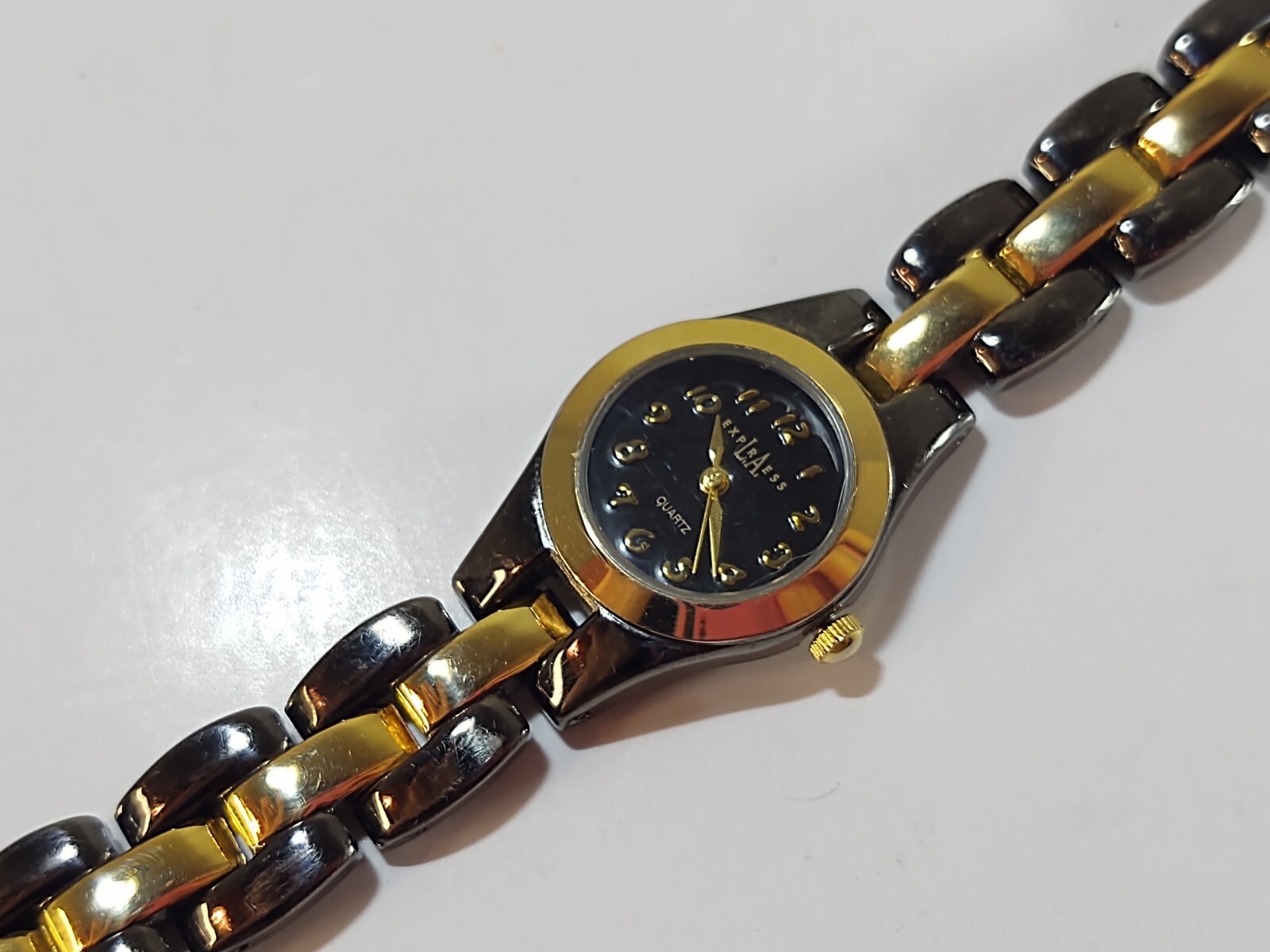 Womens LA Express Watch Black Dial Black & Gold Bezel & Band Show Wear
