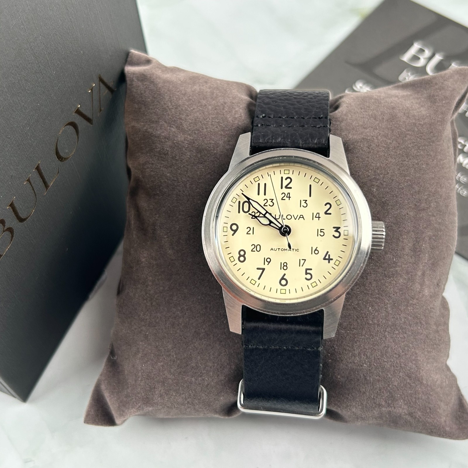 Bulova Men’s Hack Watch 96A246 Ivory Dial Automatic Black Leather Strap New 38mm