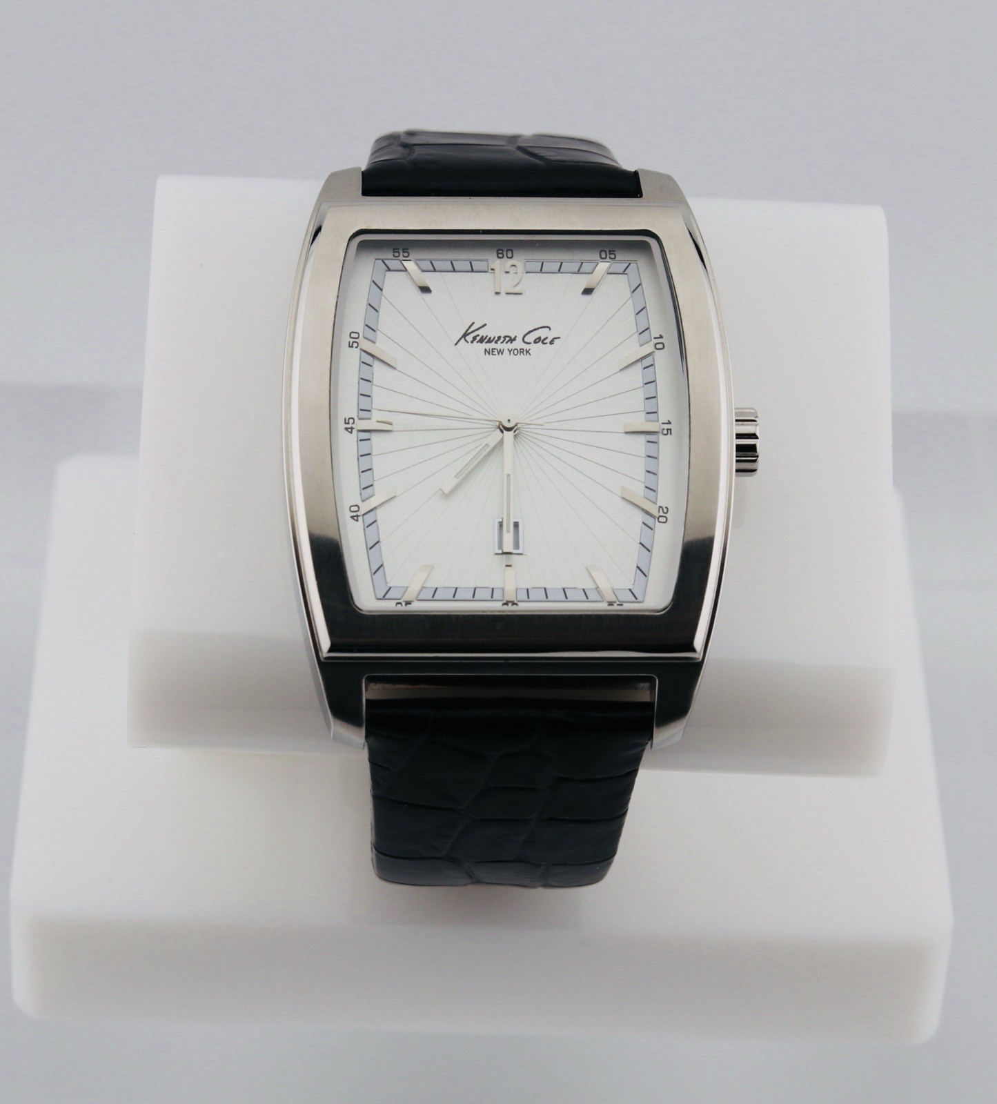 Kenneth Cole White Dial Black Leather Silver Tonneau Stainless Steel Watch (73)