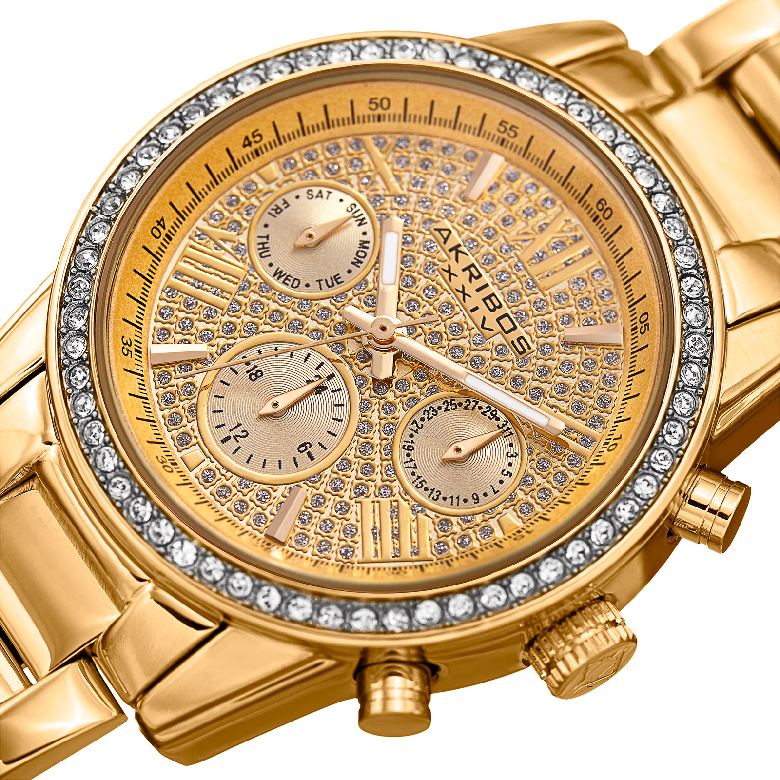 Women’s Akribos XXIV AK926YG Multi-Function Pave Dial Gold Steel Bracelet Watch