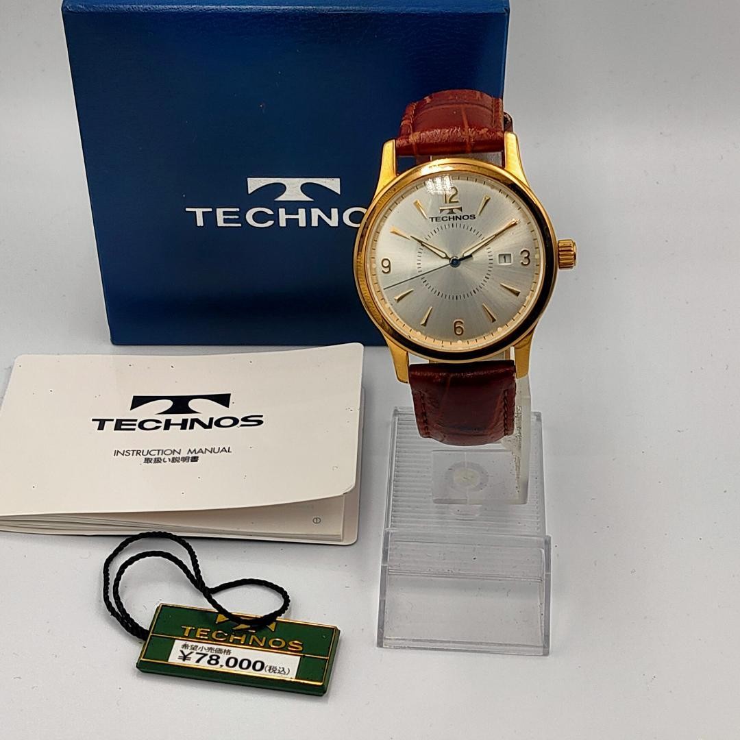USED TECHNOS T4167 Gold-Tone Date Leather Band Quartz Watch