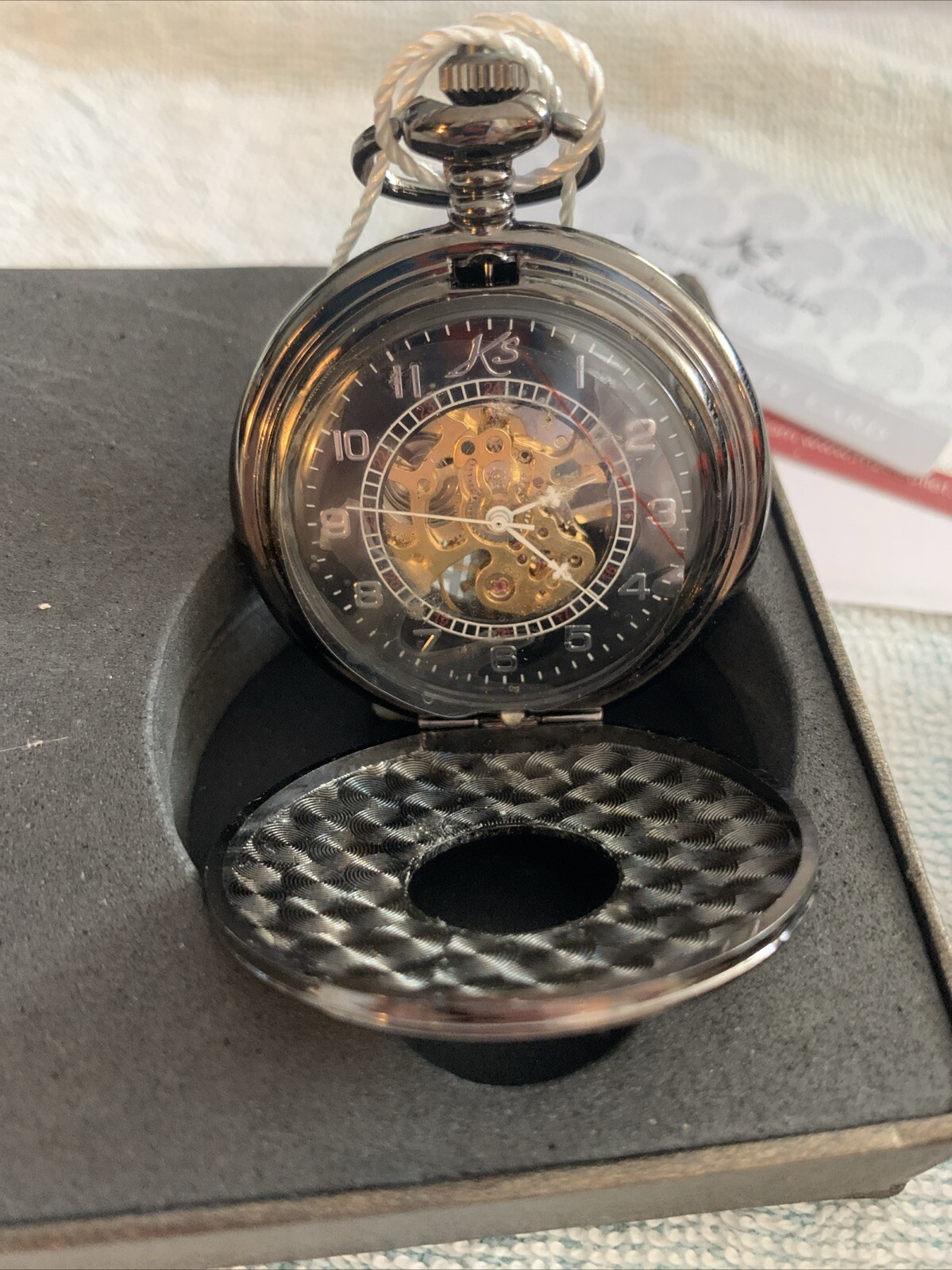 Kronen & Sohne Black Mechanical Pocket Watch In Original Box W Fob Chain