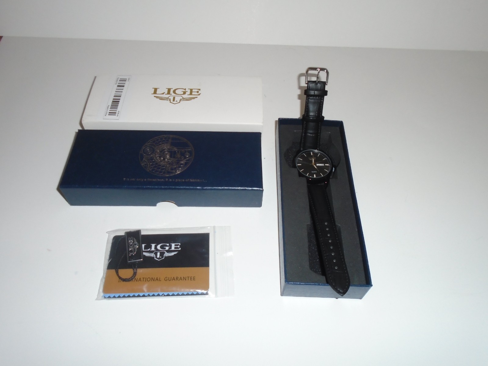 Lige All Black Leather Band Watch # 1853 New In Box