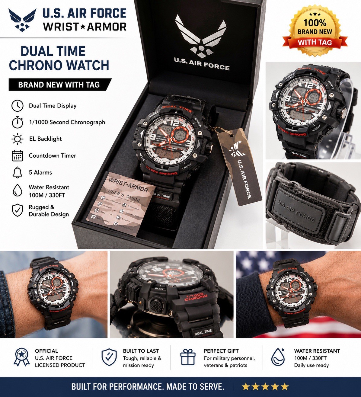 Wrist Armor U.S. Air Force Dual Time Chronograph Quartz Black 100m Sport Watch
