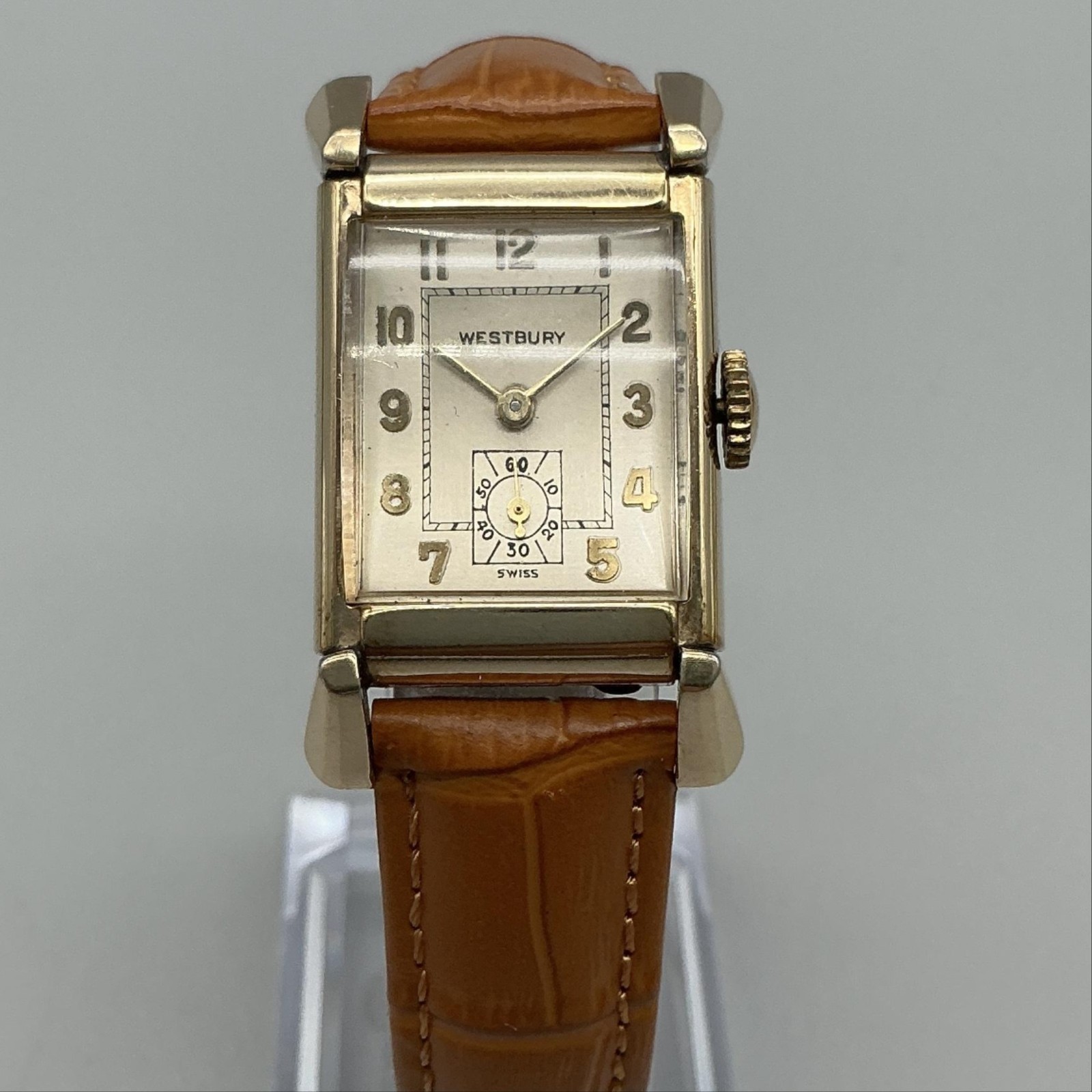 Vintage Westbury Mens Watch 22mm Silver Dial 10K RGP Brown Leather Manual Wind