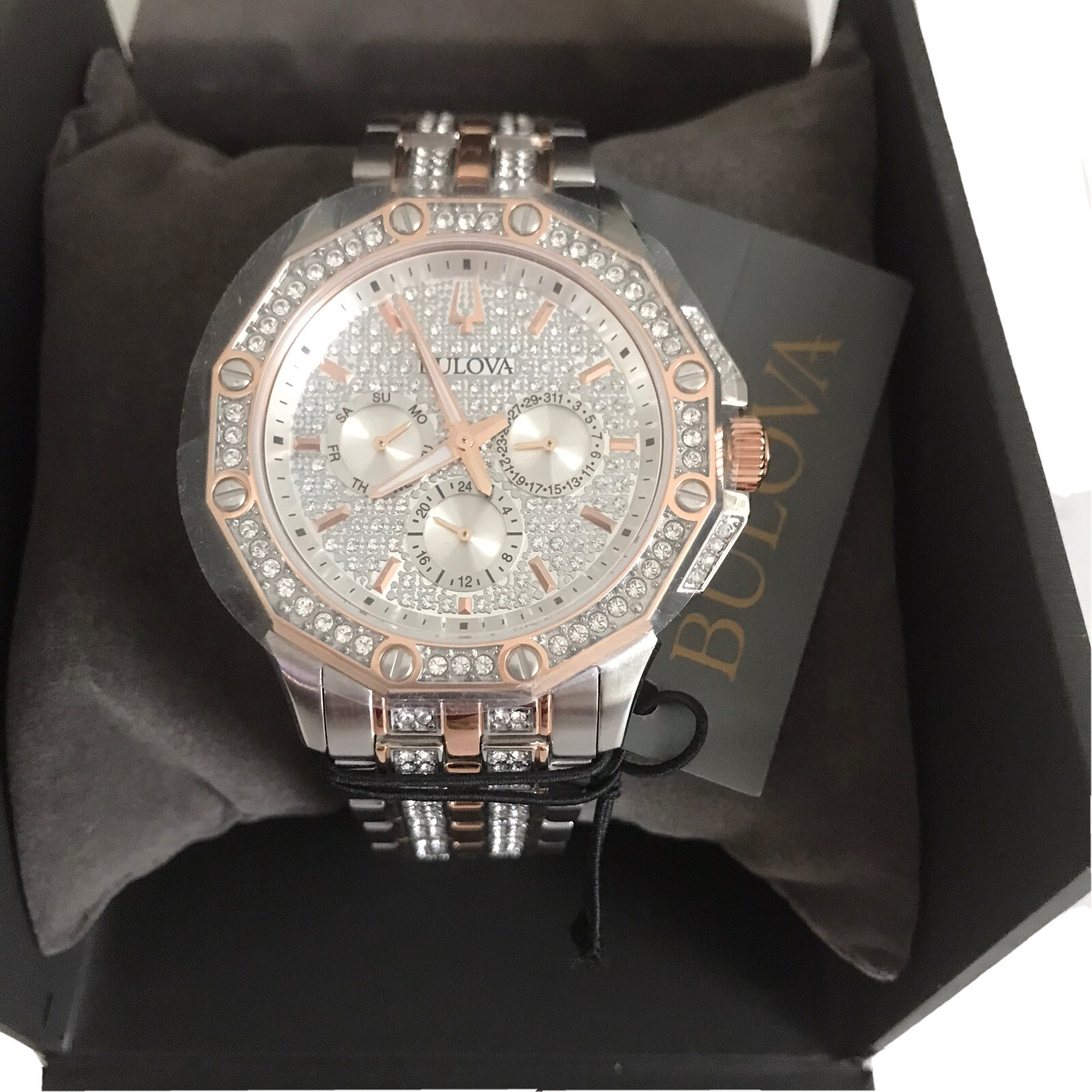 Bulova octava Men’s Watch two tone silver and rose gold Swarovki crystal 98C133