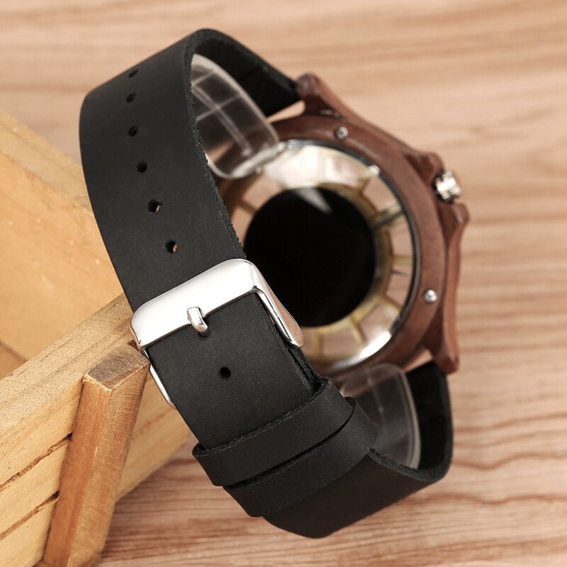 Modern Natural Wood Men’s Sport Quartz Wrist Watch Black Brown Leather Band Gift