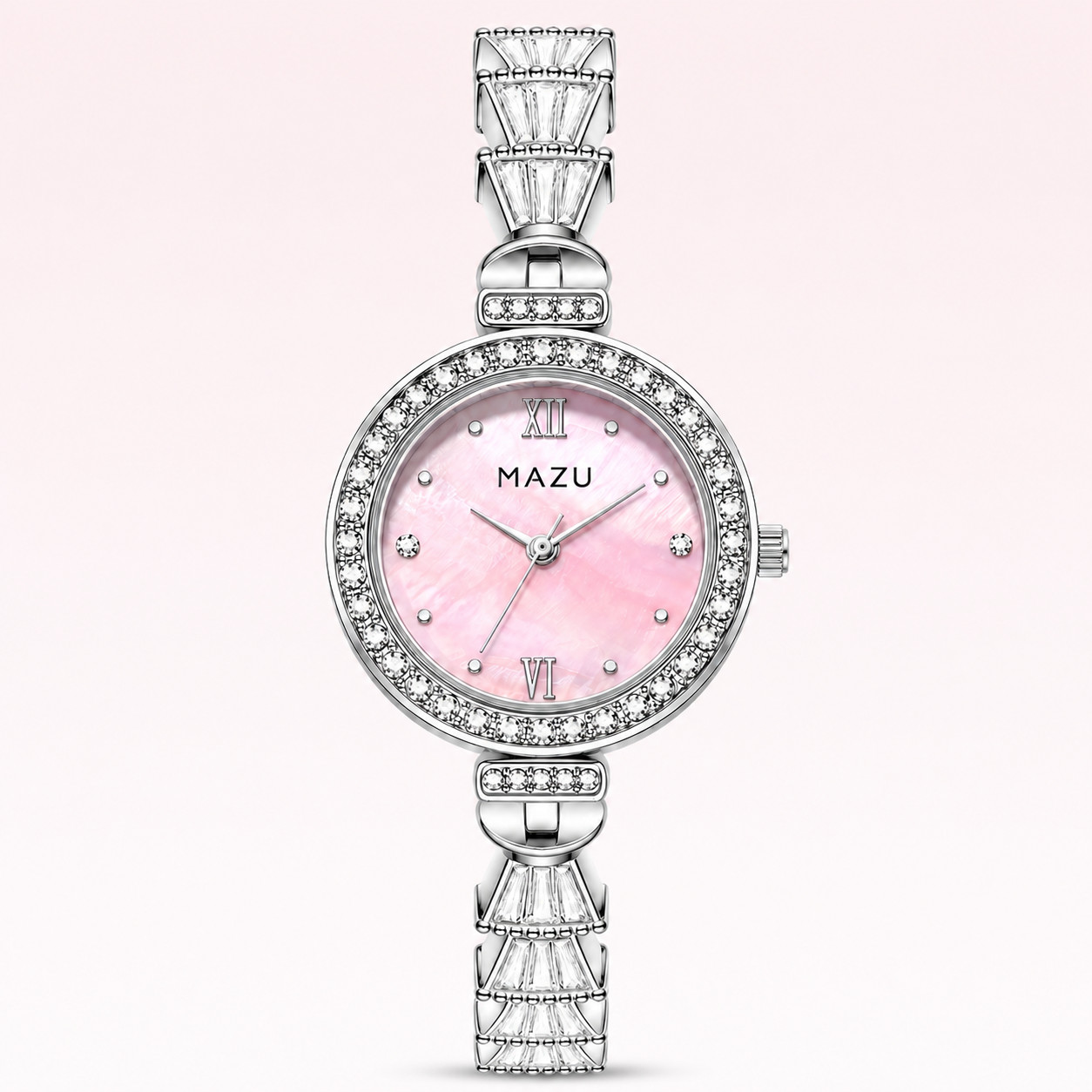 MAZU Women’s Wrist Watch Elegant Pink Dial Crystal Bezel Silver Tone Quartz