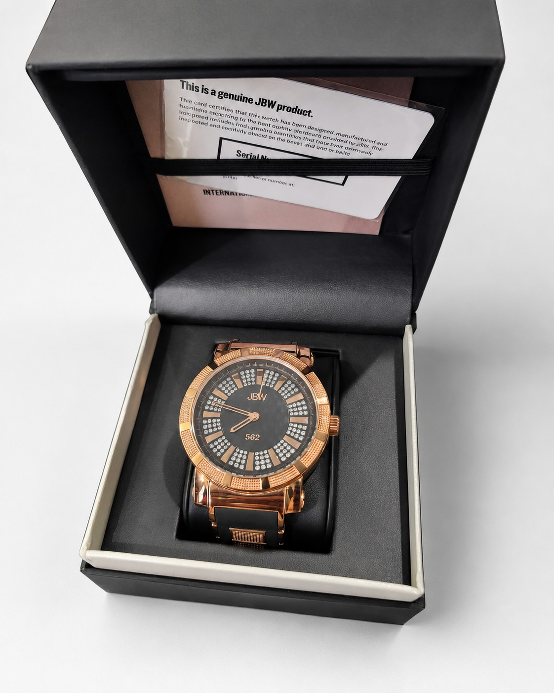 Vintage JBW 562 Men’s Watch – Rose Gold-Tone Black Dial w/ JBW Box & Papers