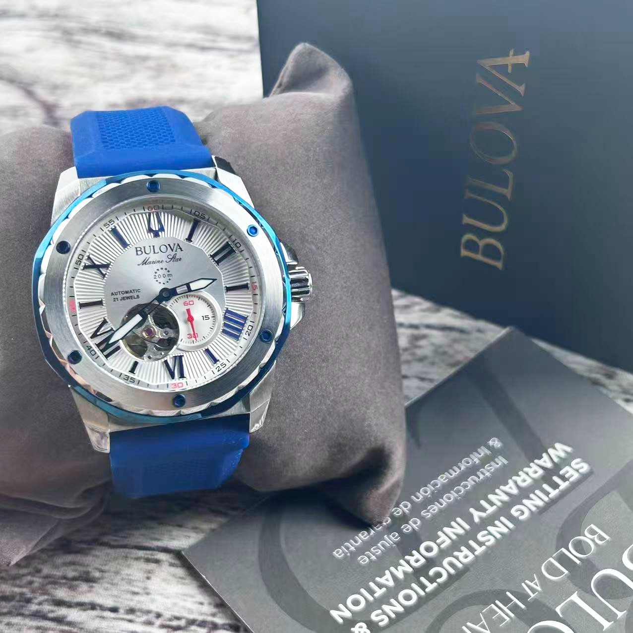 New Bulova Marine Star 98A225 Men’s Automatic Watch White Dial Blue Rubber Strap