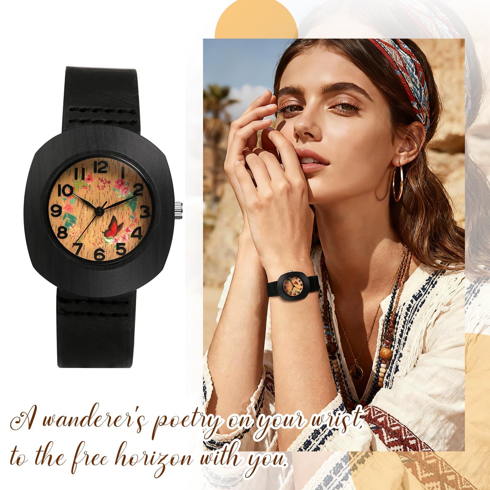 Women’s Floral Barrel Case Arabic Numeral Dial Genuine Leather Band Wrist Watch