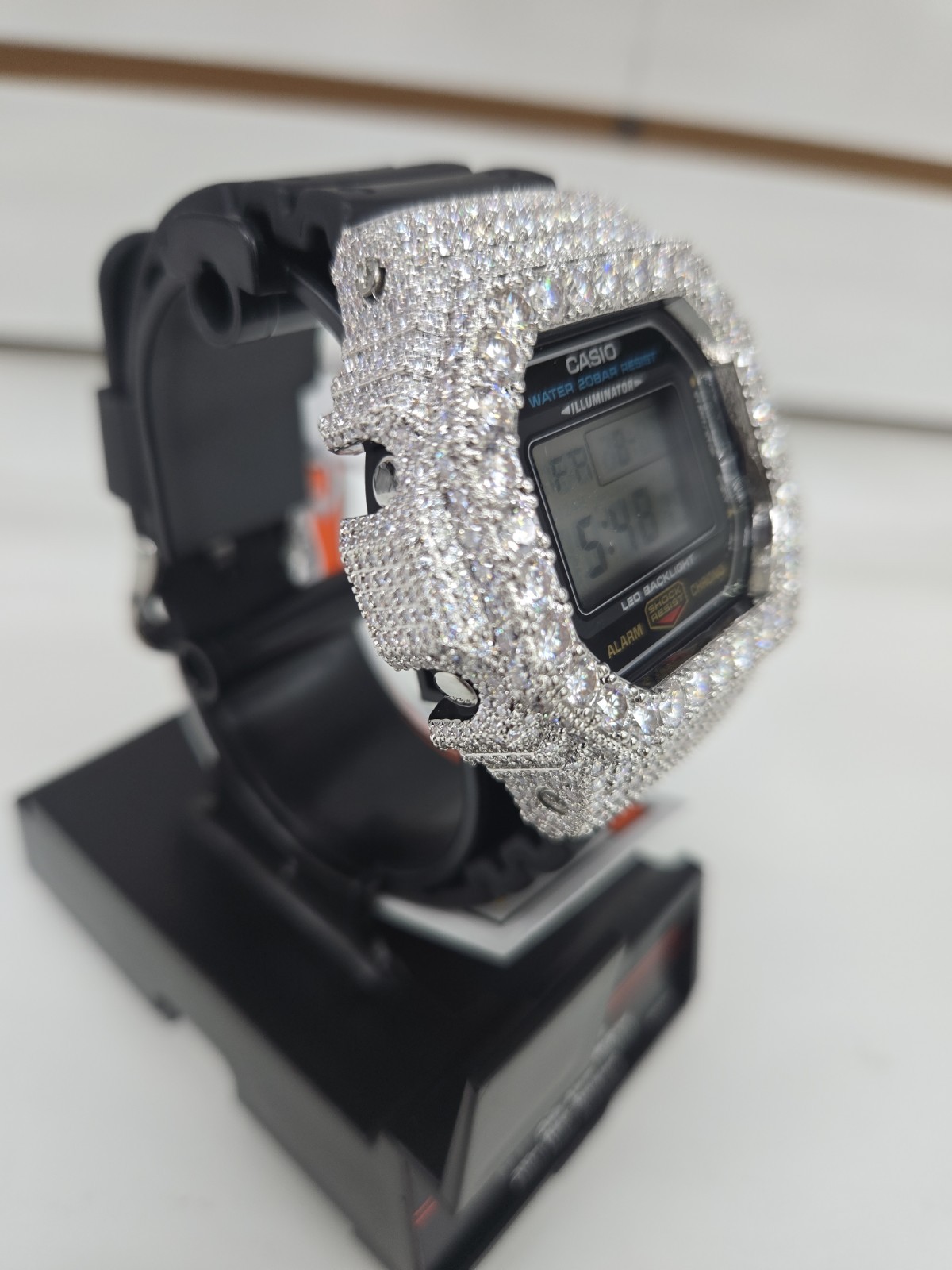Moissanite G Shock Watch Casio 5600 Model Black Color Band Silver Color Bezel