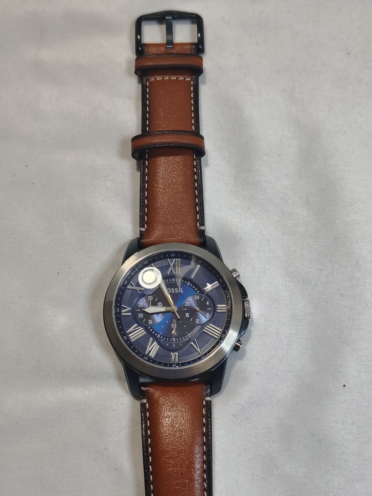 New Fossil Men’s Grant Chronograph Light Brown Leatger Strap 44mm Blue Dial