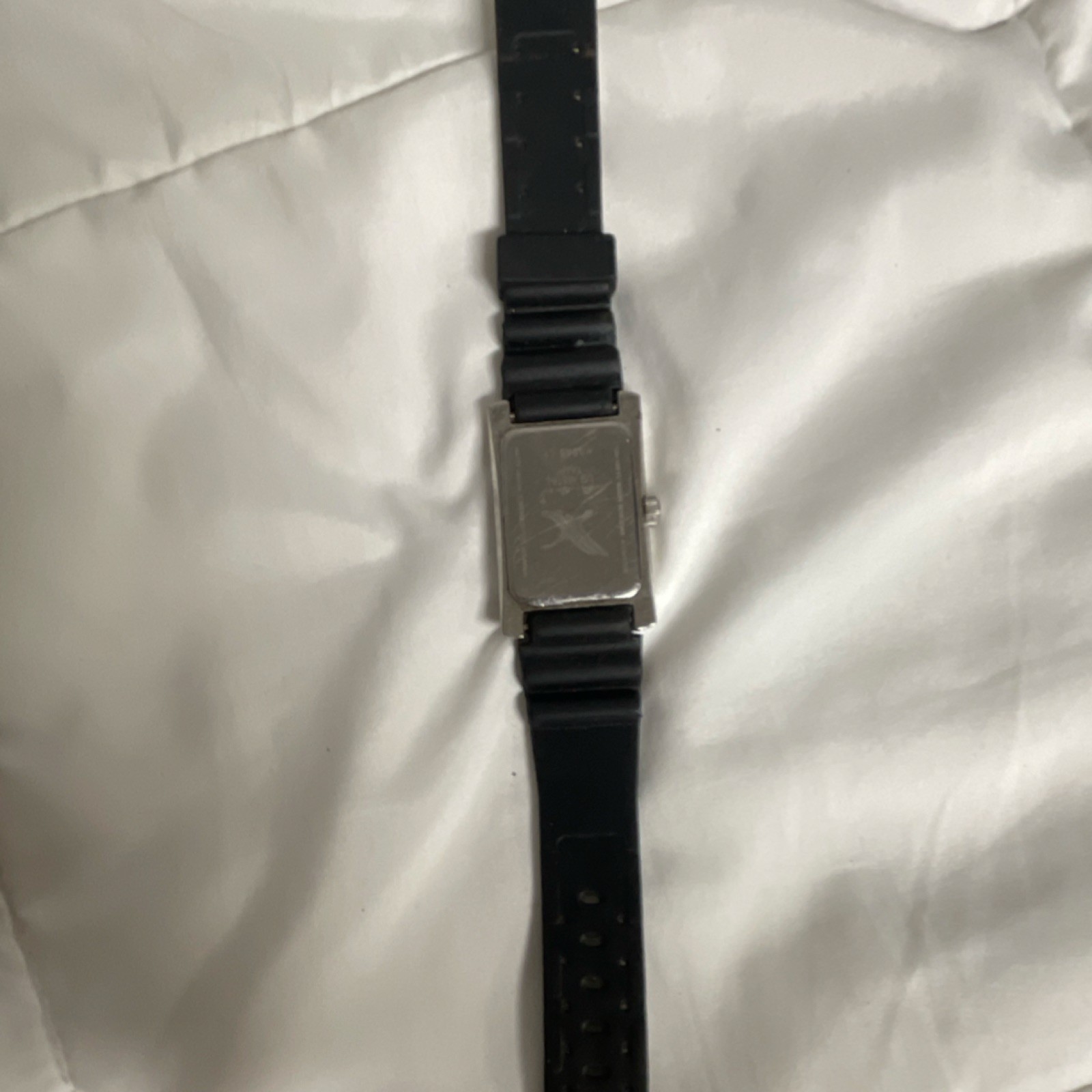 Eddie Bauer Rectangle Analog Watch Blue Dial Date Silver Case Black Rubber Strap
