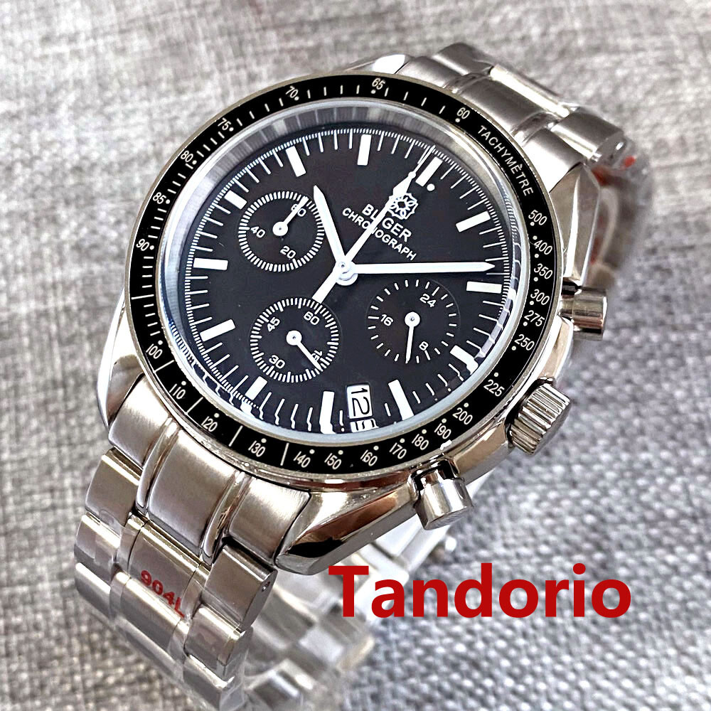Bliger 40mm Quartz Full Functional Chronograph Watch Black Dial Folding Clasp