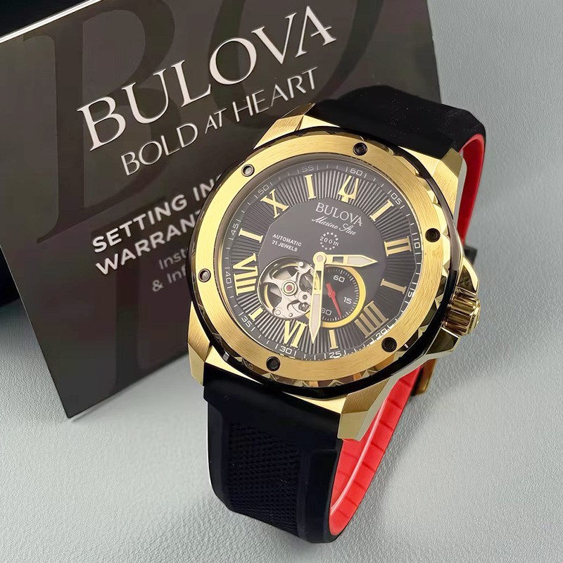 Bulova 98A272 Marine Star Automatic Men’s Watch Black Gold Dial Rubber Strap
