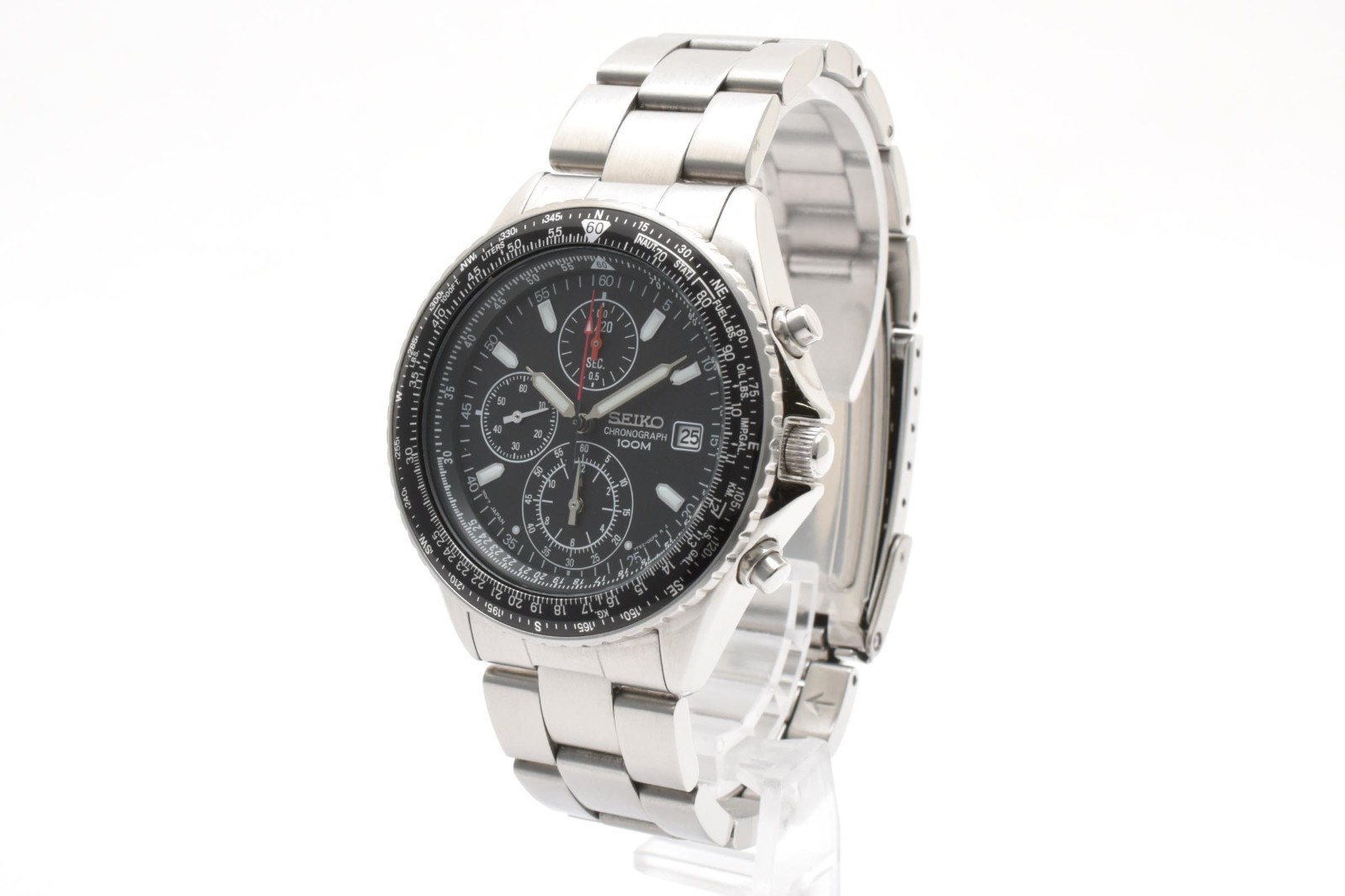Seiko Flightmaster Pilot 7T92-0CF0 Chronograph Black Qz Men Vintage Watch