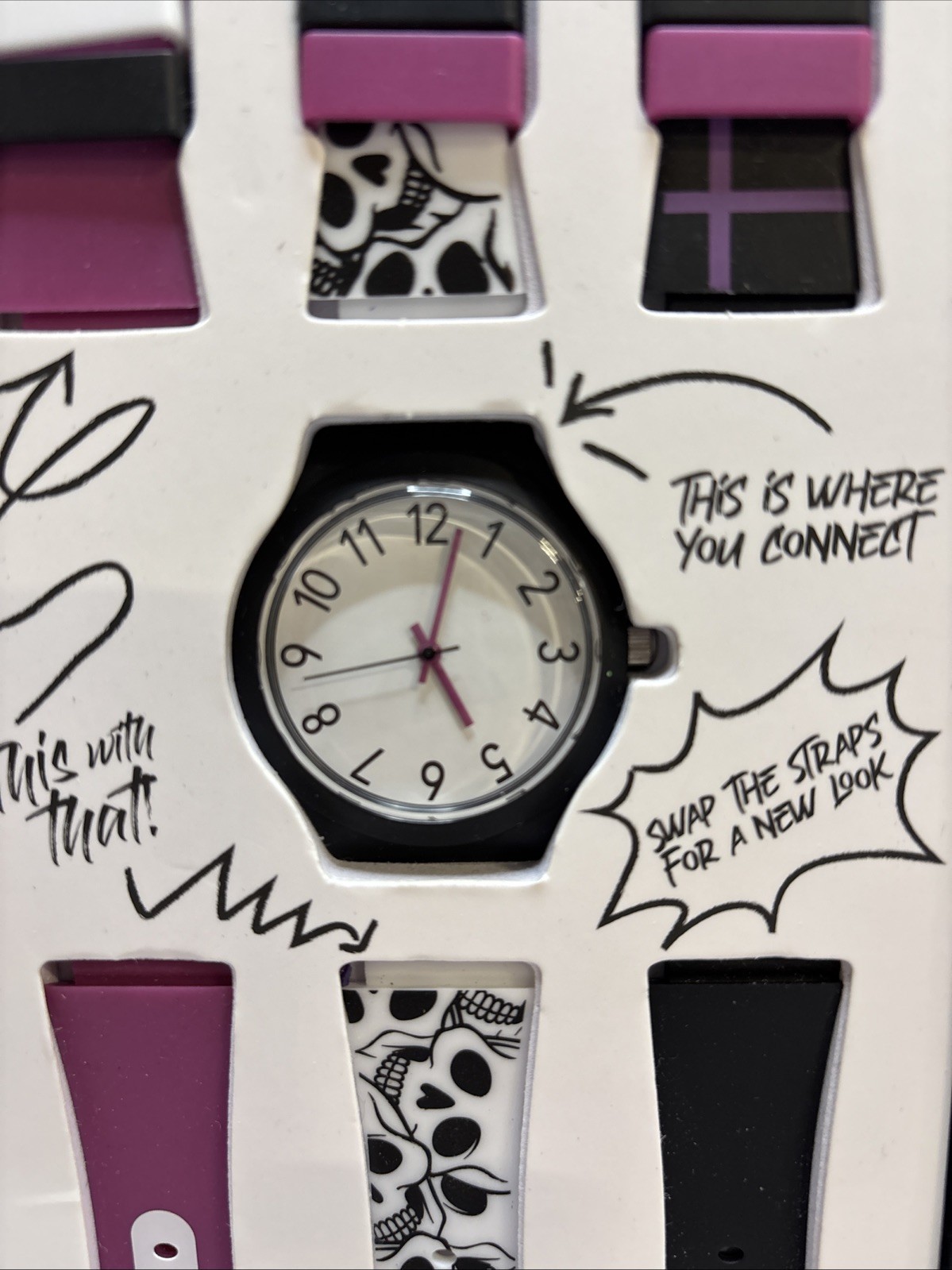 No Boundaries Watch Quartz + 3 Straps Bands Purple White Skulls Black Purple