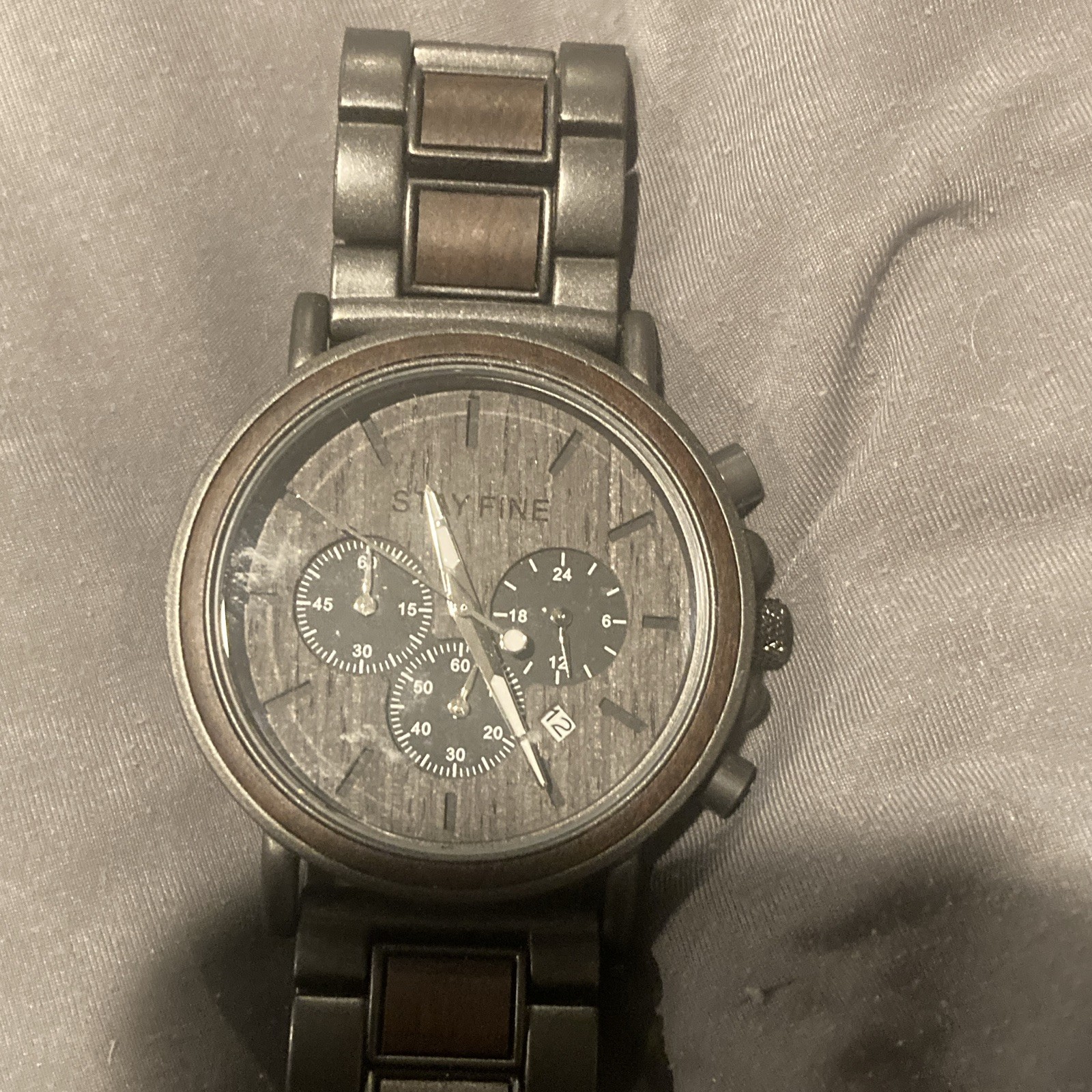 STAYFINE Men’s Chronograph Quartz Watch Gray Dial Date Wood & Steel Bracelet